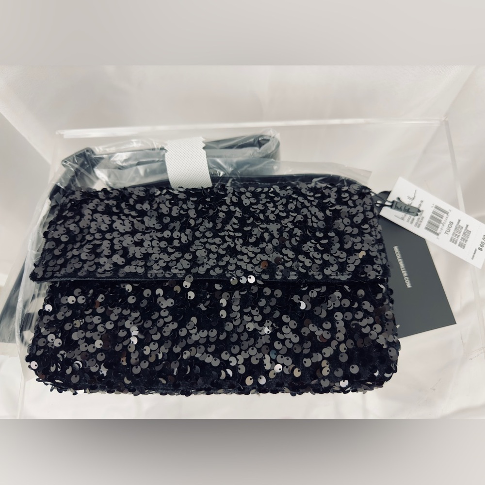 Nicole Miller-Black Sequin Adjustable Strap Flap Front Shoulder Bag MSRP $60 NIP